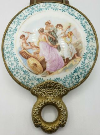 Antique Victorian Brass Hand Held Mirror With Porcelain Portrait Scene Painted