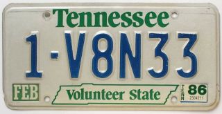Vintage Tennessee 1986 " Volunteer State " License Plate,  1 - V8n33,  Shelby County