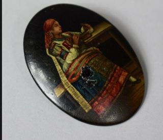 Antique Rare Russian Signed Lukutin Hand Painted Paper Mache Brooch Pin 2