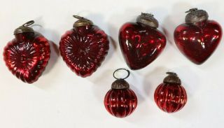 Antique Red Mercury Glass Kugel Heart Christmas Ornaments