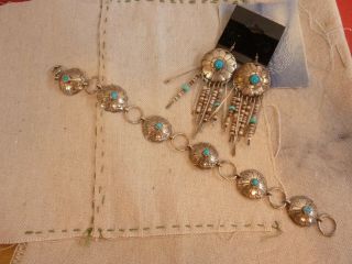Vintage Southwest Style Sterling Silver&turquoise Concho Bracelet & Earring Set