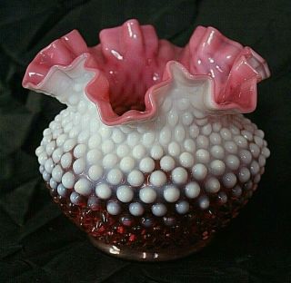 Vintage Fenton Cranberry Pink Opalescent Hobnail Ruffled Edge Vase 5 " H