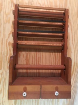 Vtg Wood Wall Rack Stand 5 Dispense Dowels W/2blades &drawer 14”x21”x8”