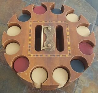 Vintage Antique Clay Poker Chips Dark Wood Wooden Caddy Set Turntable Carousel