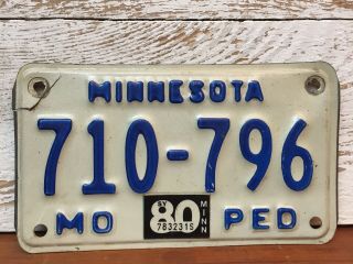 Vintage 1979/1980 Minnesota Moped License Plate - White & Blue - 710 796
