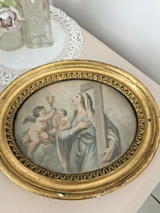 Old Vintage Sweet Cherub Religious Angel Picture Oval Gold Stucco Frame 1/2