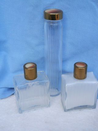 Vintage 3 Piece Dresser Glass Bottle Jar Set Art Deco Enamel Insert Lovely