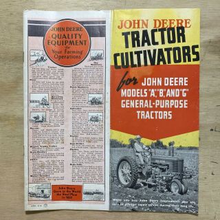 Vintage John Deere Tractor Cultivator For A,  B,  G Tractors Sales Brochure
