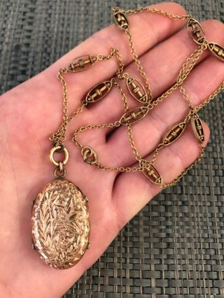 Antique Victorian Gold Fill Etched Bird Locket On Fancy Link Chain