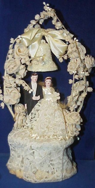 Vintage 1940s Bride & Groom Wedding Cake Topper Hand Painted Chalkware IVORY 2
