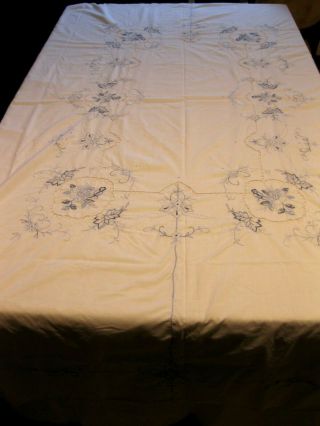 Vintage White With Light Blue Floral Embroidery Cut Work 68 " By 86 " Cotton