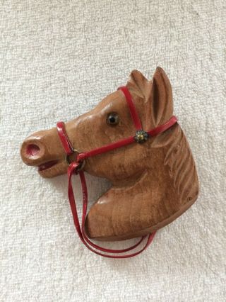 Vintage Carved Wooden Horse Head Pin Brooch Glass Eye Red Reins Bridle Western
