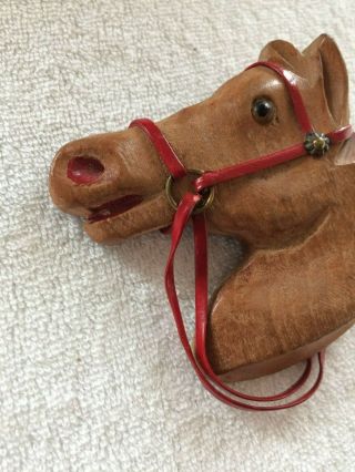 Vintage Carved Wooden Horse Head Pin Brooch Glass Eye Red Reins Bridle Western 3