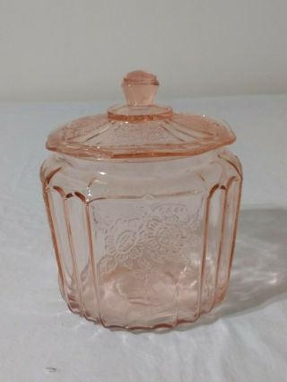 Vtg Pink Depression Glass Cookie Jar W/lid Anchor Hocking Mayfair Open Rose