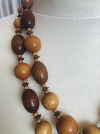 Vintage Wooden Beads Necklace Double Natural Wood Teak Style 60s 70s 2