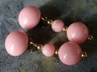 Vintage Pink Lucite Cabochon & Bead Dangle Clip On Earrings 1950s - X119