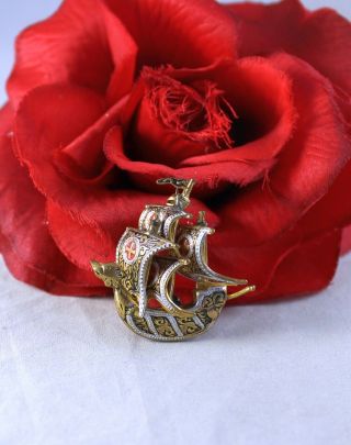 Vintage Ornate Cloisonne Enamel Ship Pin Brooch Cat Rescue