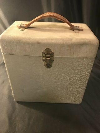 Vintage Grey Metal Portable File Cabinet Case Box Leather Handle