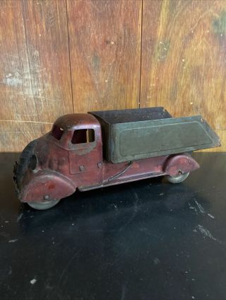 Antique Pressed Steel Toy Dump Truck,  Rustic Patina,  Wheels Turn,  16 " Length