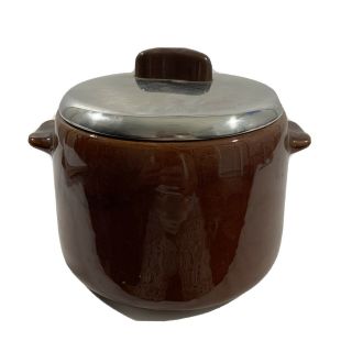 Vintage West Bend Brown Glaze Stoneware Bean Pot With Metal Lid Brown