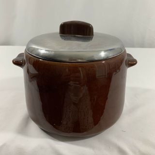 Vintage West Bend Brown Glaze Stoneware Bean Pot With Metal Lid Brown 2
