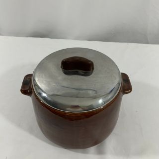 Vintage West Bend Brown Glaze Stoneware Bean Pot With Metal Lid Brown 3