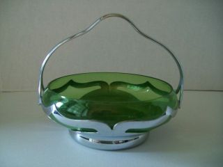 Vintage Farber Bros.  Chrome Basket/candy Dish W/cambridge Green Glass Insert