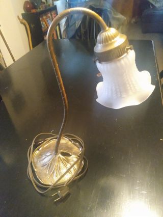 Vintage Brass Gooseneck Lilly Pad Electric Table Lamp With Glass Shade
