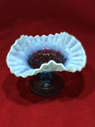 Vintage Glass Blue Glass Ruffled Edge Pedestal Compote Candy Dish Bowl