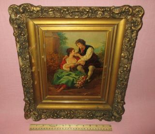 Antique Oil On Board Painting Romantic Man & Woman Embracing W/ Bird Outdoor