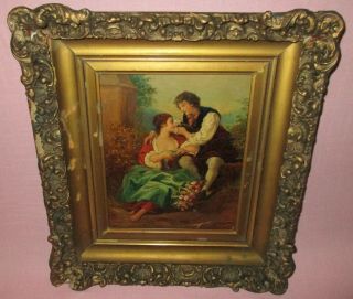 Antique Oil on Board Painting Romantic Man & Woman Embracing w/ Bird Outdoor 2
