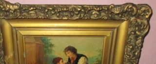Antique Oil on Board Painting Romantic Man & Woman Embracing w/ Bird Outdoor 3