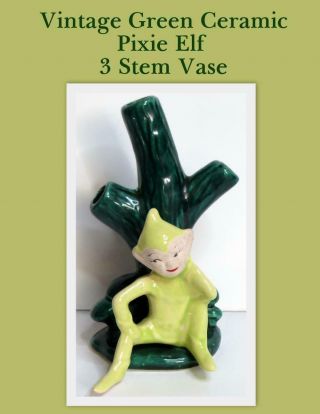 Vintage Pixie Elf Green Ceramic Vase Planter Figurine