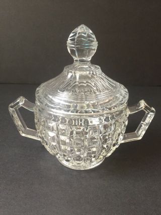 Vintage Pressed Clear Glass Sugar Bowl With Lid 2 Handles Raised Square Design