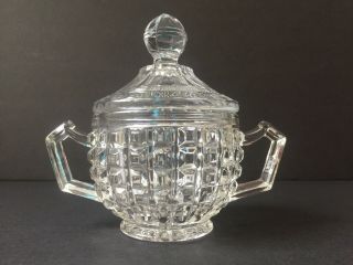 Vintage Pressed Clear Glass Sugar Bowl With Lid 2 Handles Raised Square Design 2