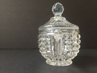 Vintage Pressed Clear Glass Sugar Bowl With Lid 2 Handles Raised Square Design 3