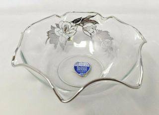 Vtg Rockwell Sterling Silver Overlay Floral Ruffled Edge Glass Bowl Dish Tt20