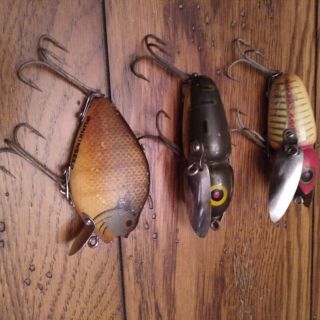 Vintage Wooden Heddon Punkinseed Fishing Lure,  And 2ea 2100 Wooden Crazy Crawlers