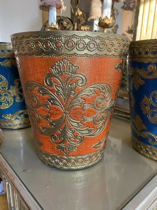 Vintage Orange Red Gold Florentine Italian Trash Can Antique Wastebasket Italy