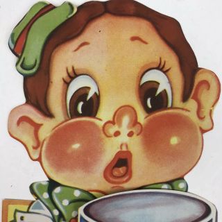 Vintage Valentine’s Day Greeting Card Cute Boy Big Cheeks Polka Dot Bow With Mug