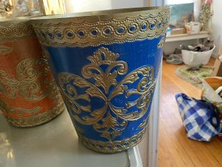Vintage Blue Gold Florentine Italian Trash Can Antique Wastebasket Italy