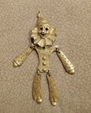 Vintage Solid Brass Brooch " Clown " Pin - Dangling 5 " Long