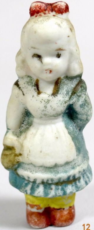 Antique Penny Doll Bisque Girl Holding Teapot Miniature Figurine Vtg 1920s