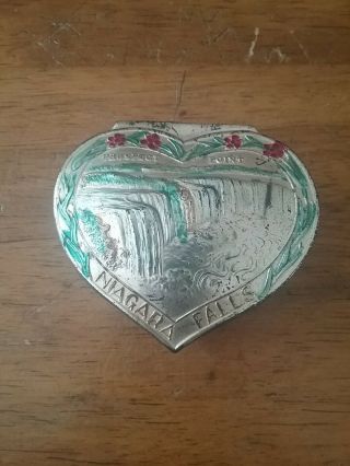 Vintage Niagara Falls Souvenir Metal Heart Shaped Box - Japan