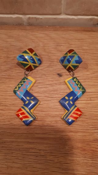 Striking Vintage 1980/90s Ethnic Vibrant Tribal Pierced Dangly Earrings Carnival