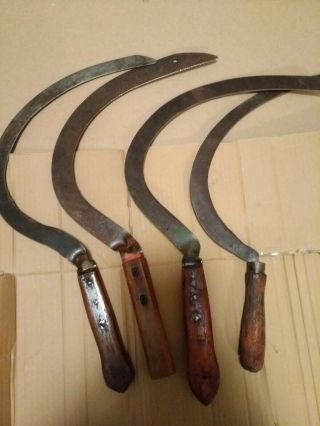 Four Vtg Antique Hand Sickles Scythes Farm Garden Tools