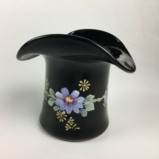 Vtg Fenton Black Amethyst Glass Hand Painted Floral Top Hat Vase Signed