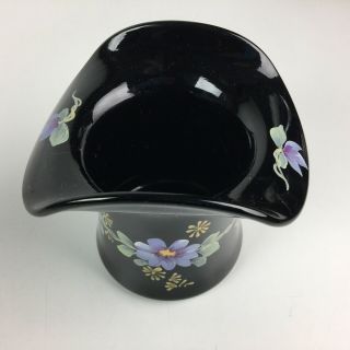 VTG Fenton Black Amethyst Glass Hand Painted Floral Top Hat Vase Signed 2