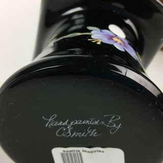 VTG Fenton Black Amethyst Glass Hand Painted Floral Top Hat Vase Signed 3
