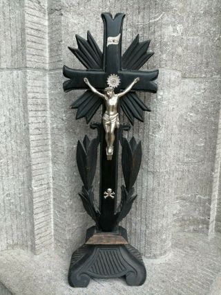 Antique Black Forest Carved Wood Altar Standing Crucifix Metal Jesus Corpus